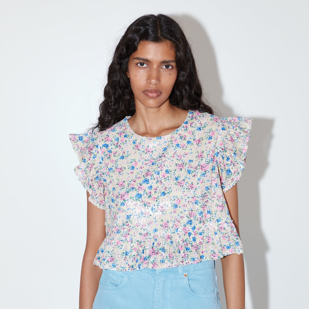 Zara Sequin Floral Ruffle Crop Top - M (NWT)